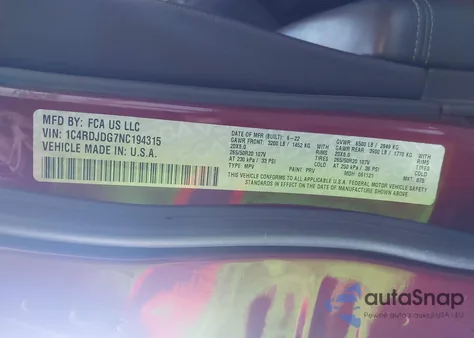 2022 Dodge Durango Gt Plus Awd из США, поврежденный, VIN 1C4RDJDG7NC194315